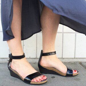 Naot Pixie Black Patent Leather Strappy Low Wedge Sandal Comfortable